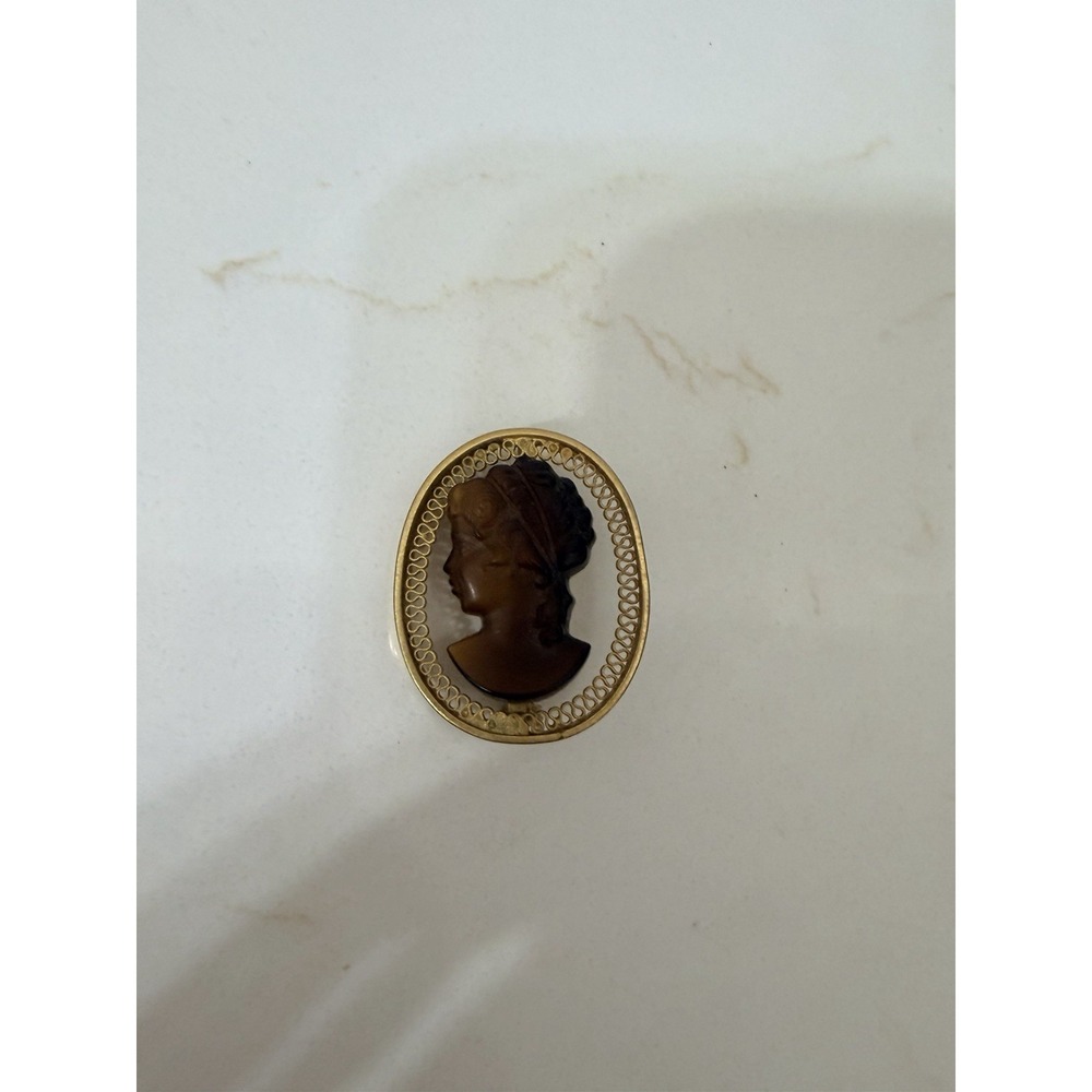 Vintage Tortoise Shell Gold-Tone Cameo Brooch Pin or Pendant Filigree Frame
